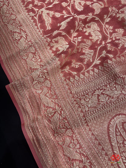 Shade Of Peach Pure Chiffon Metallic Zari Pure Banarasi Silk Saree - Chiffon Sarees - 