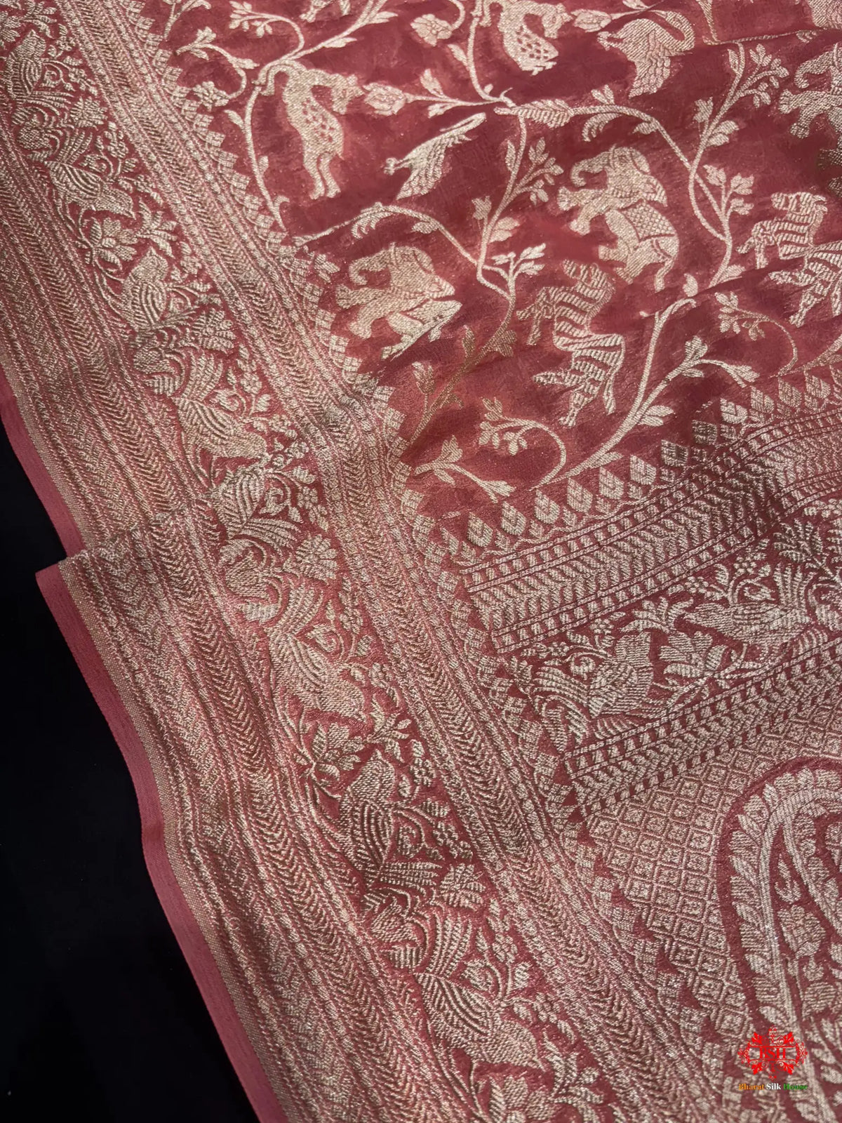 Shade Of Peach Pure Chiffon Metallic Zari Pure Banarasi Silk Saree - Chiffon Sarees -