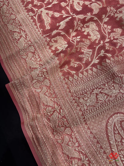 Shade Of Peach Pure Chiffon Metallic Zari Pure Banarasi Silk Saree - Chiffon Sarees -