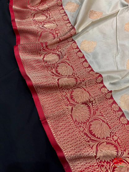 Pure Banarasi  Handloom Katan Silk  Antique Zari Saree In Shades Of White - Pure Kataan Silk -