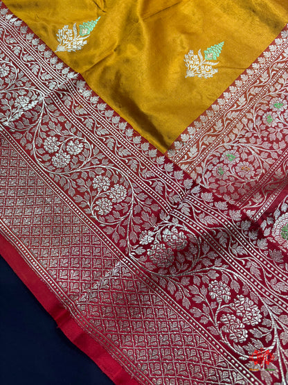 Pure Banarasi  Handloom Katan Silk Antique Zari Meenakari Saree In Shades Of Mustard - Pure Kataan Silk - 