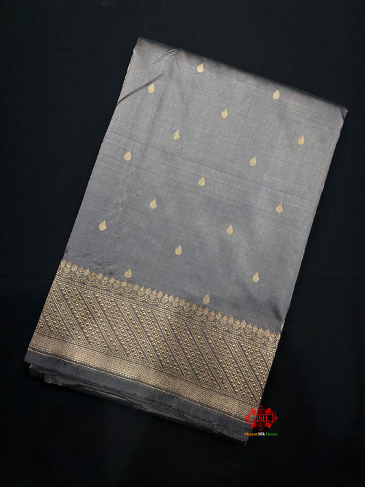 Pure Banarasi  Handloom Katan Silk Antique Zari Saree In Shades Of Grey - Pure Kataan Silk - 