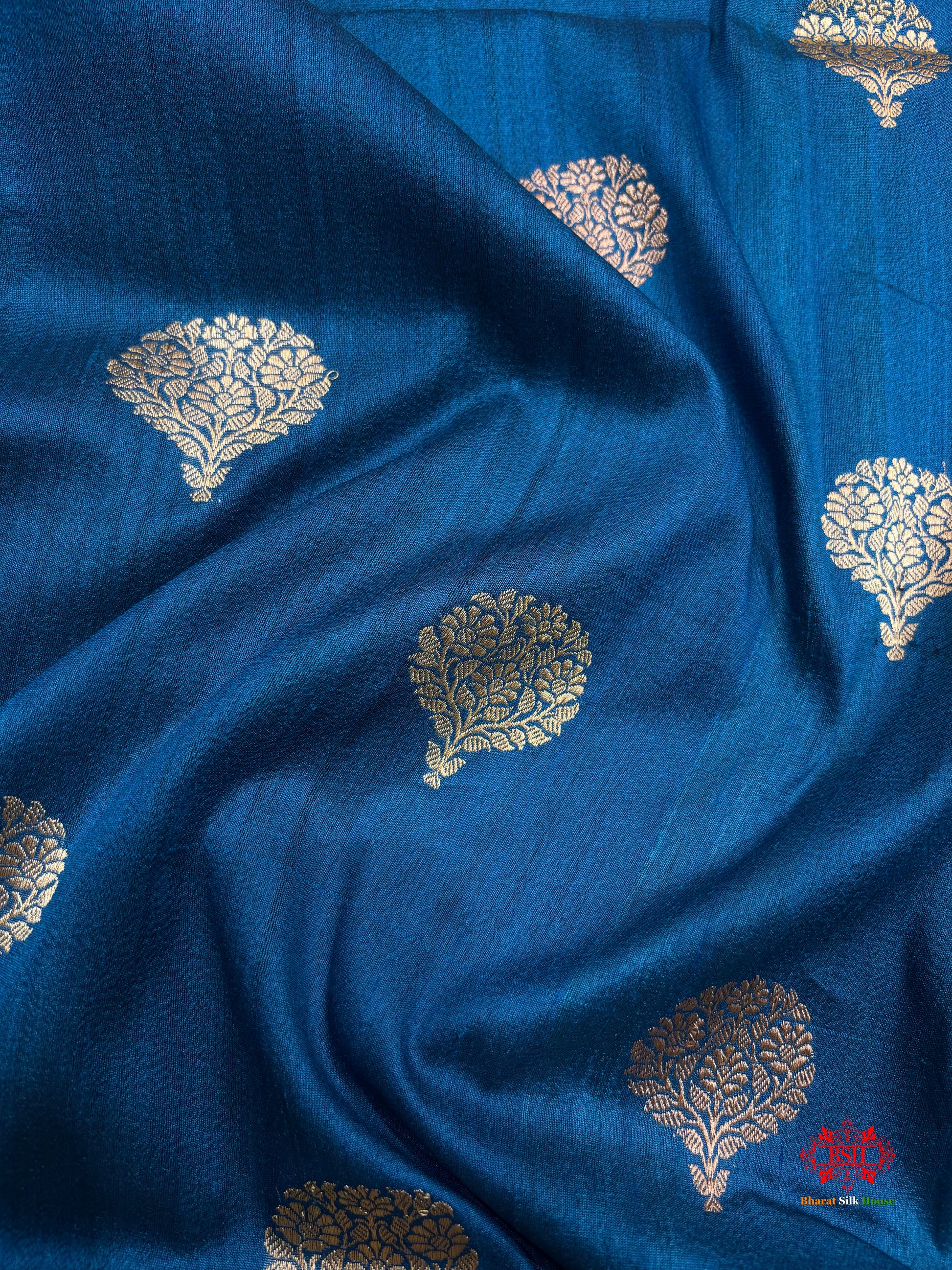 Blue Shade Pure Banarasi Tusser Moonga Silk Saree - Pure Kataan Silk - 