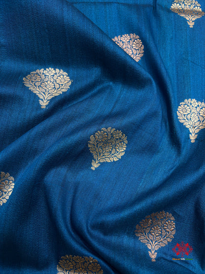 Blue Shade Pure Banarasi Tusser Moonga Silk Saree - Pure Kataan Silk - 