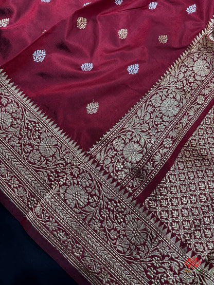 Pure Banarasi  Handloom Katan Silk  Antique Dual Zari Saree In Shades Of Maroon - Pure Kataan Silk - 
