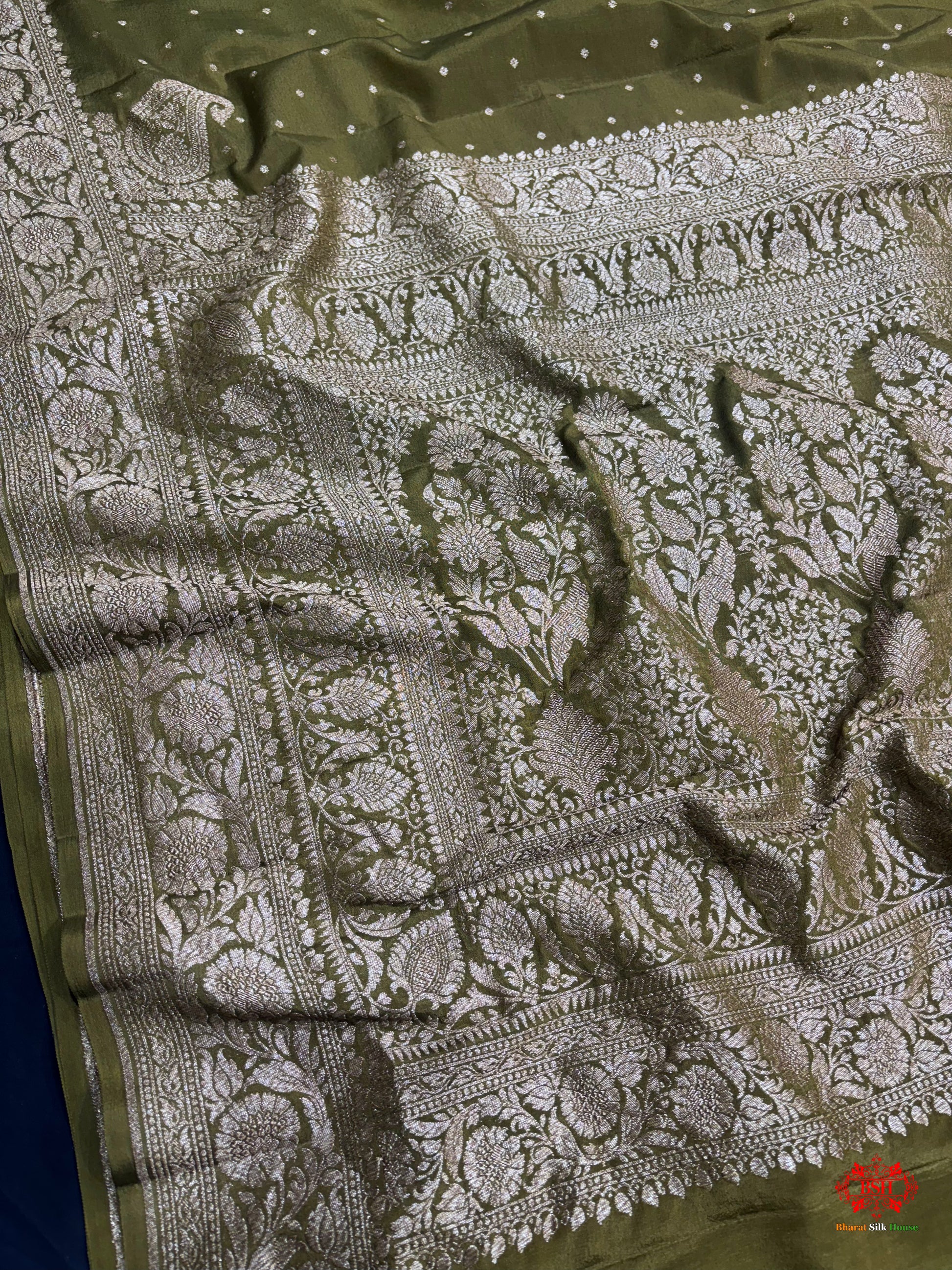 Pure Silk Crape Khaddi Georgette Saree With Antique Zari In Shades Of Green - Crepe Khaddi - 