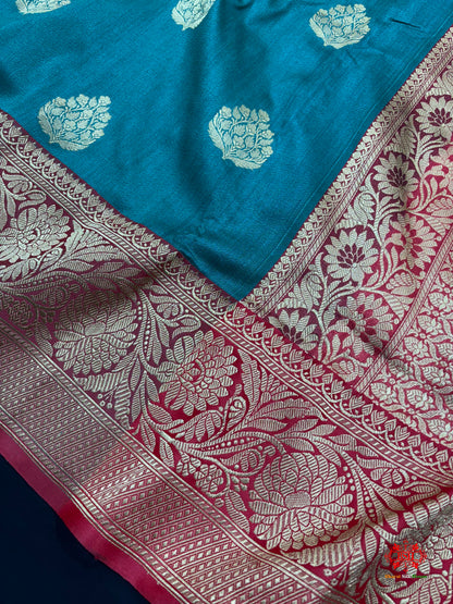 Blue Shade Pure Banarasi Tusser Moonga Silk Saree - Pure Kataan Silk - 