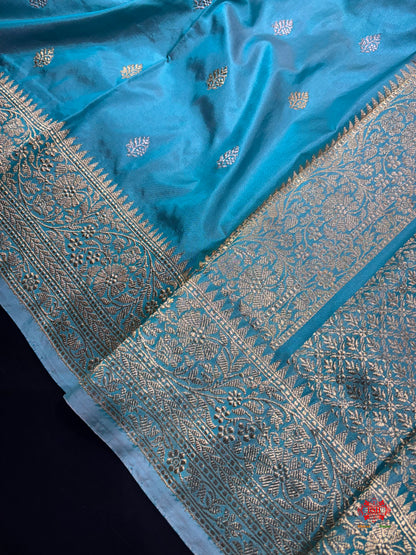 Pure Banarasi  Handloom Katan Silk  Antique Dual Zari Saree In Shades Of Firozi - Pure Kataan Silk - 