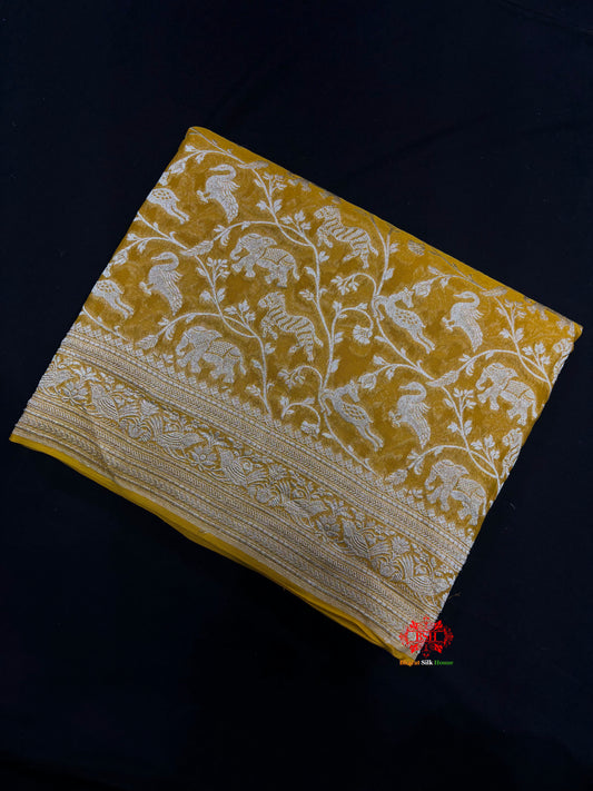 Shade Of Yellow Pure Chiffon Metallic Zari Pure Banarasi Silk Saree - Chiffon Sarees - 