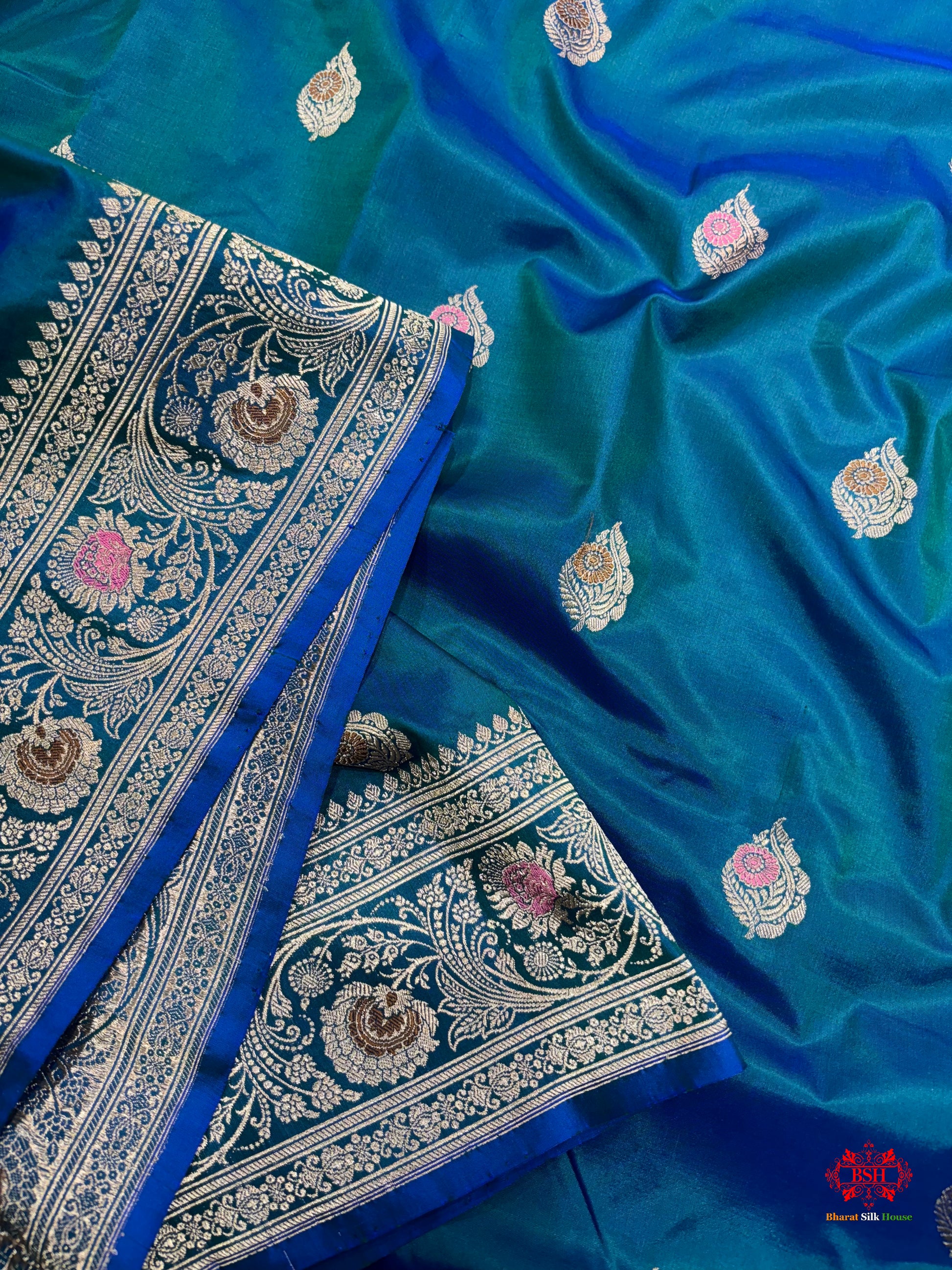 Pure Banarasi  Handloom Katan Silk Antique Meena Zari Saree In Shades Of Blue - Pure Kataan Silk - 