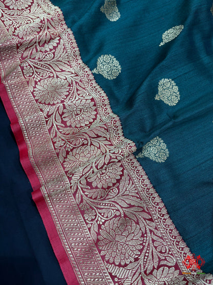 Green Shade Pure Banarasi Tusser Moonga Silk Saree - Tussar - 