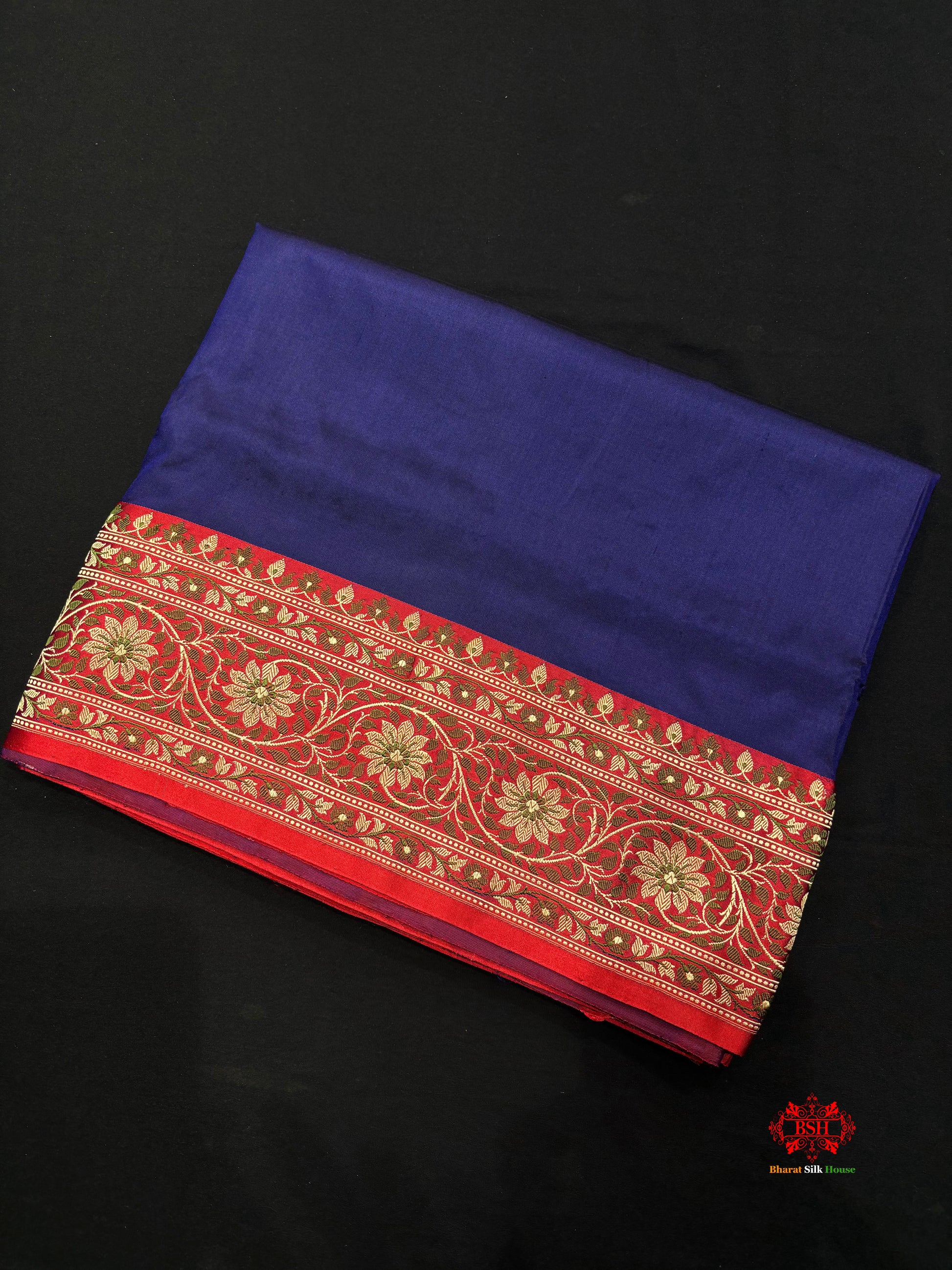 Pure Banarasi  Handloom Katan Silk  Reshami Zari Saree In Shades Of Navy Blue With Red Border - Pure Kataan Silk - 