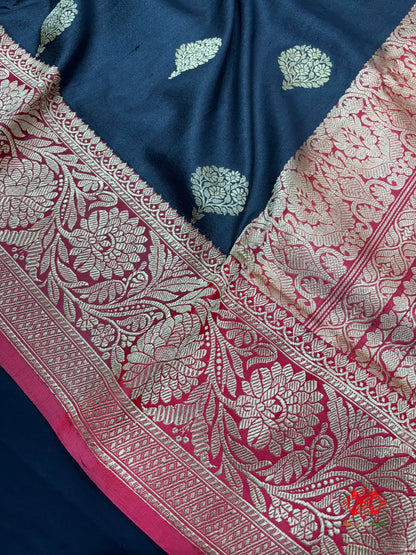 Black Shade Pure Banarasi Tusser Moonga Silk Saree - Pure Kataan Silk -