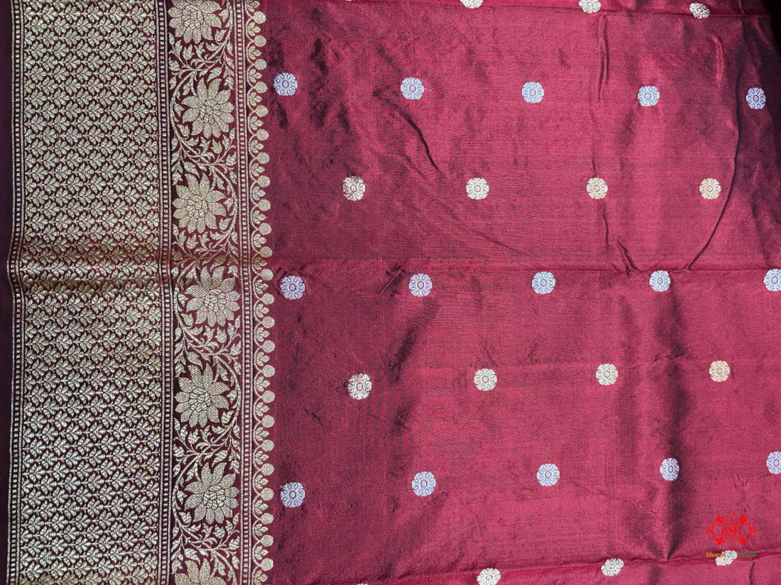 Pure Banarasi Handloom Katan Silk Antique Dual Zari Saree In Shades Of Maroon - Pure Kataan Silk -