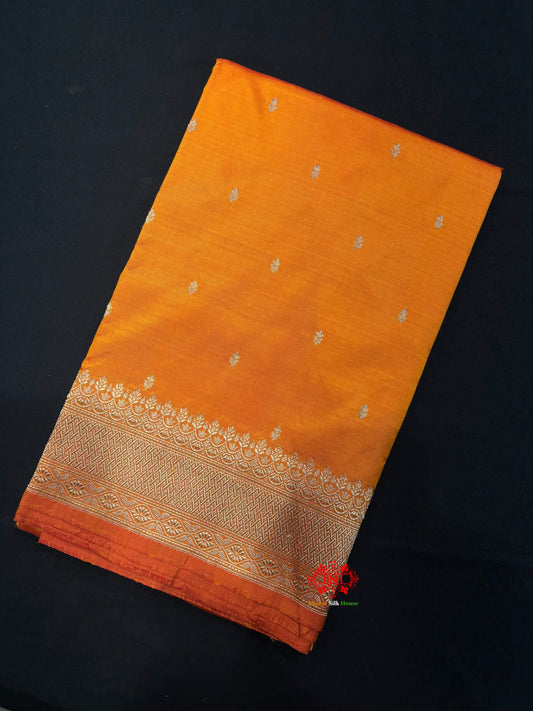 Pure Banarasi  Handloom Katan Silk Antique Zari Saree In Shades Of Mustard - Pure Kataan Silk - 