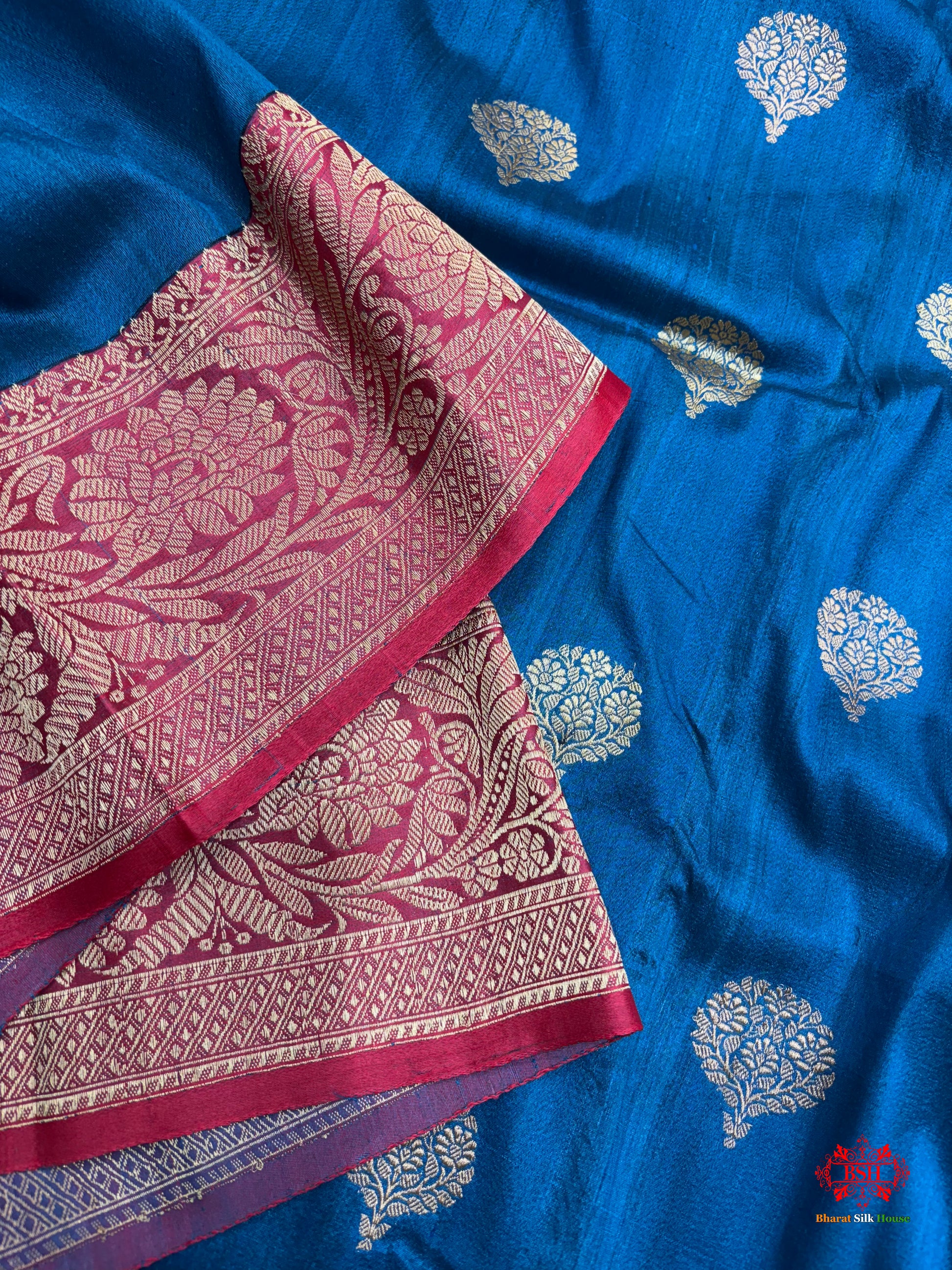 Blue Shade Pure Banarasi Tusser Moonga Silk Saree - Pure Kataan Silk - 