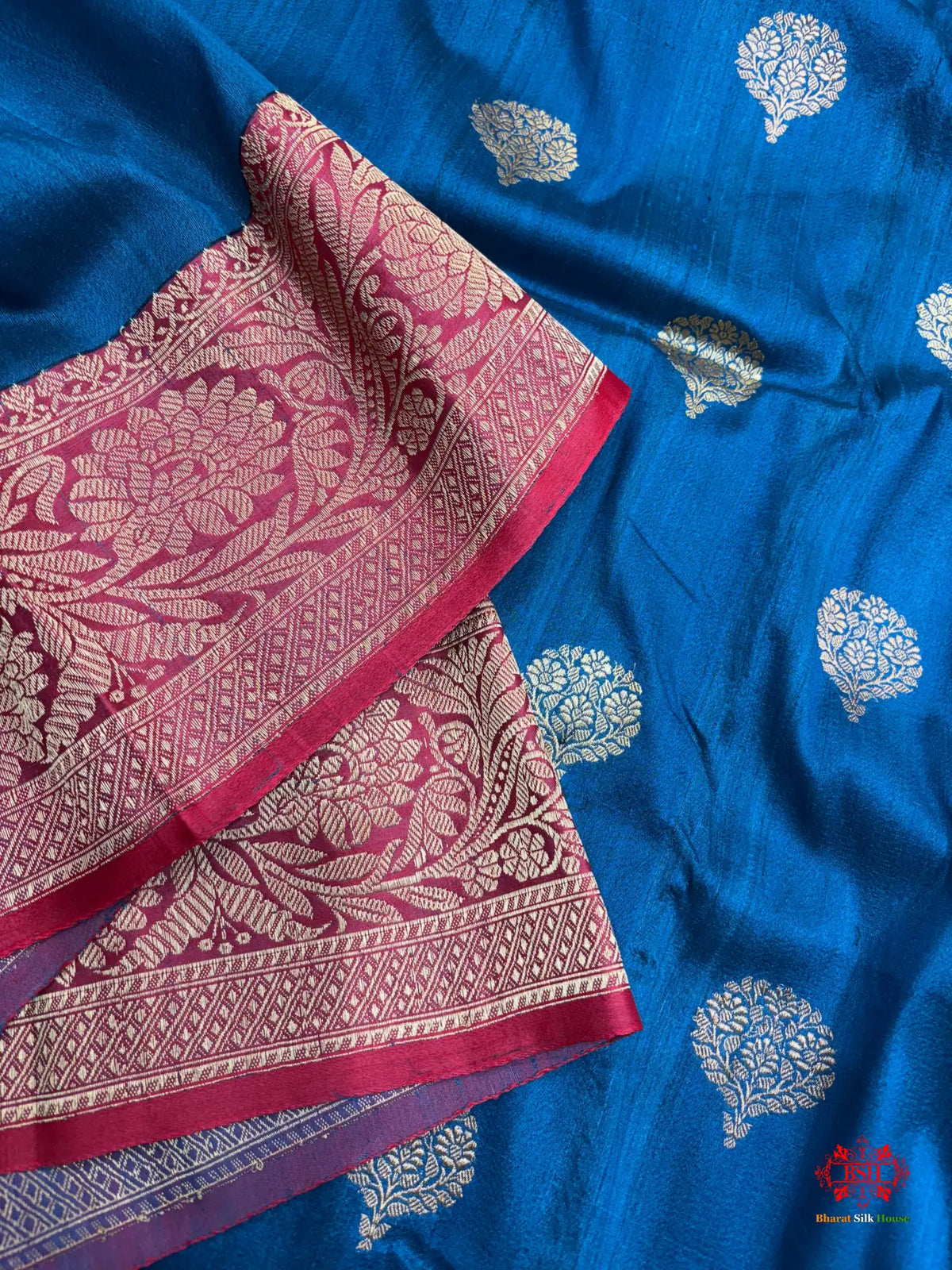 Blue Shade Pure Banarasi Tusser Moonga Silk Saree - Pure Kataan Silk -