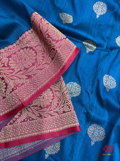 Blue Shade Pure Banarasi Tusser Moonga Silk Saree - Pure Kataan Silk -