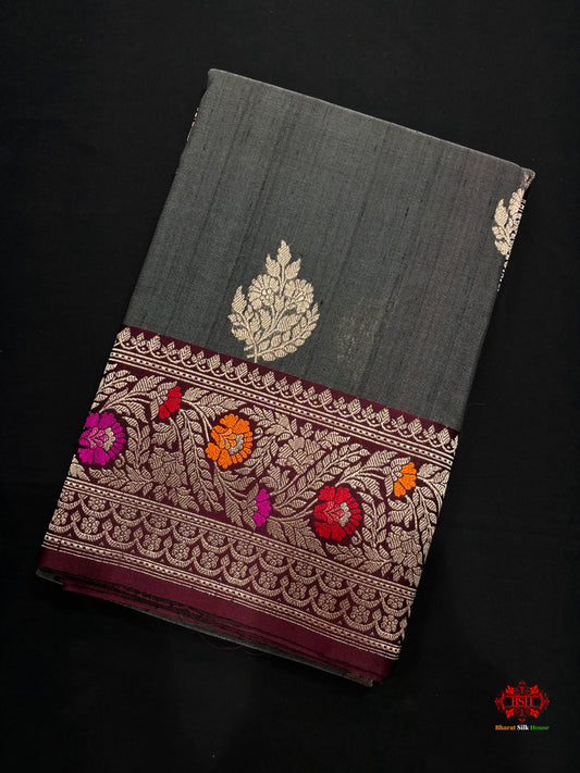 Black Shade With Meena Border Pure Banarasi Tusser Moonga Silk Saree - Pure Kataan Silk - 