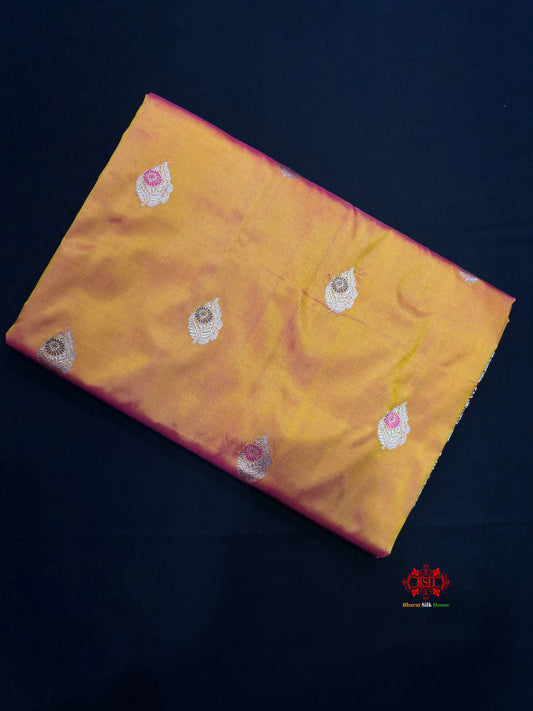 Pure Banarasi  Handloom Katan Silk Antique Meena Zari Saree In Cross Shades Of Yellow/Pink - Pure Kataan Silk - 