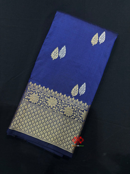 Pure Banarasi  Handloom Katan Silk  Antique Dual Zari Saree In Shades Of Blue - Pure Kataan Silk - 