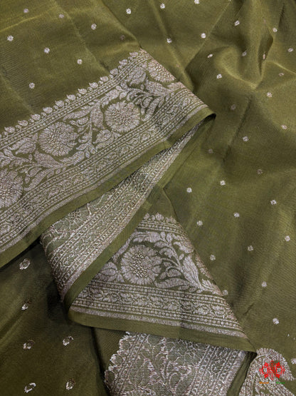 Pure Silk Crape Khaddi Georgette Saree With Antique Zari In Shades Of Green - Crepe Khaddi - 