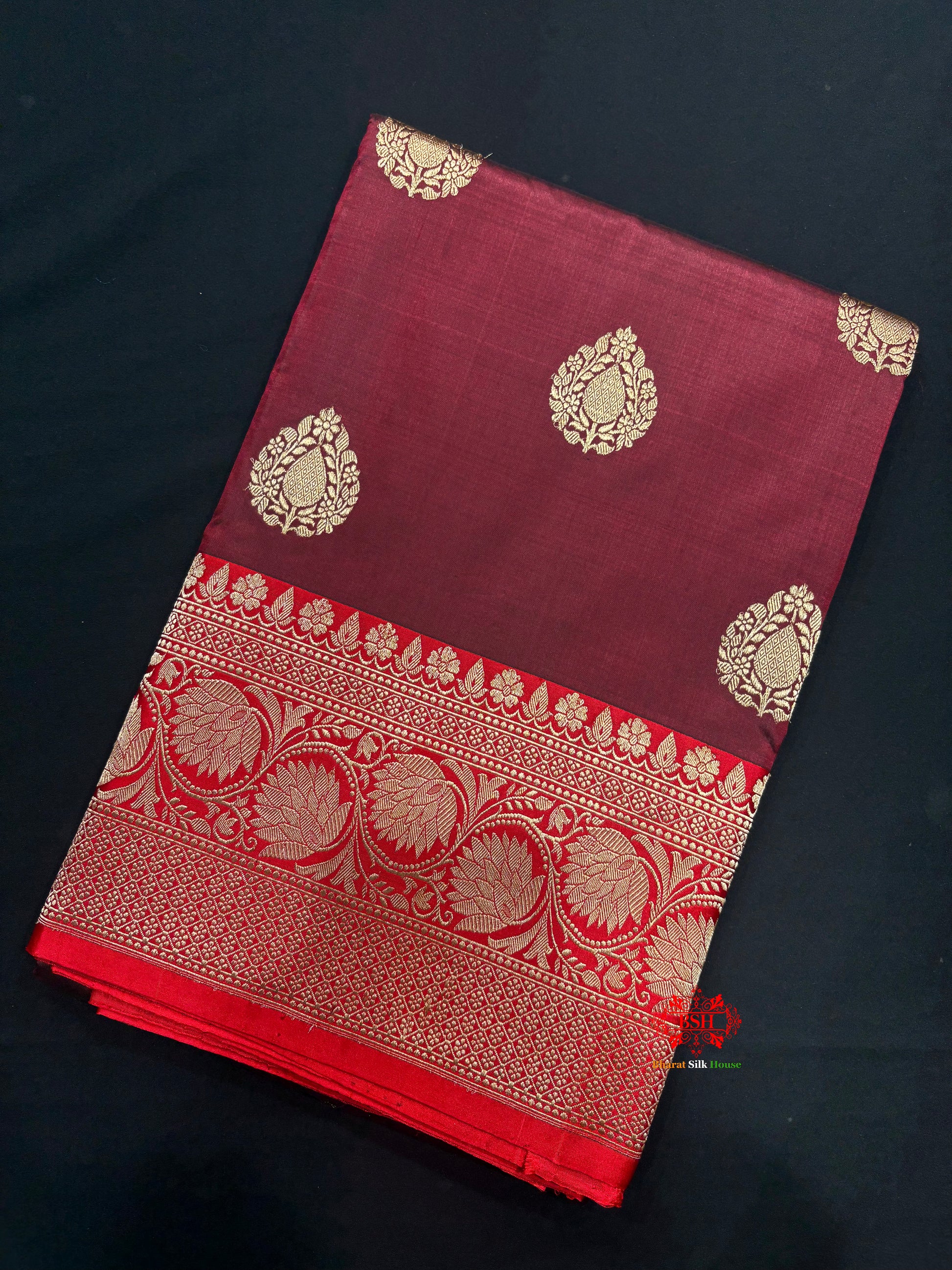 Pure Banarasi  Handloom Katan Silk  Antique Zari Saree In Shades Of Garnet - Pure Kataan Silk - 