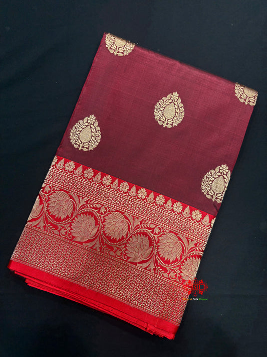 Pure Banarasi  Handloom Katan Silk  Antique Zari Saree In Shades Of Garnet - Pure Kataan Silk - 