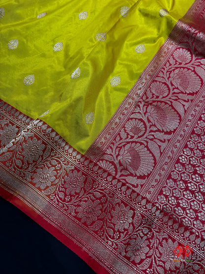 Pure Banarasi  Handloom Katan Silk Antique Zari Saree In Shades Of Yellow - Pure Kataan Silk -