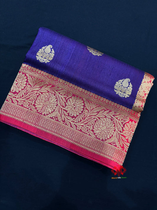 Blue Shade Pure Banarasi Tusser Moonga Silk Saree - Pure Kataan Silk - 