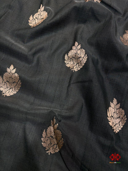 Black Shade With Meena Border Pure Banarasi Tusser Moonga Silk Saree - Pure Kataan Silk - 