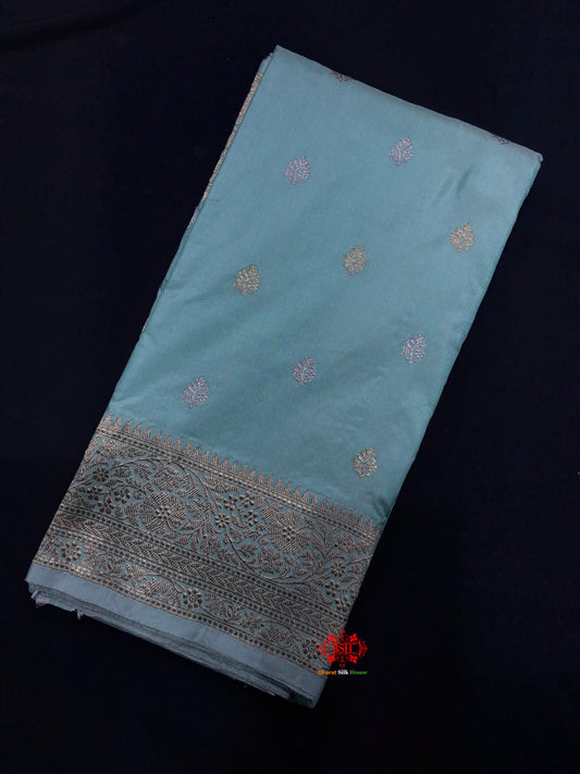 Pure Banarasi  Handloom Katan Silk  Antique Dual Zari Saree In Shades Of Sea Green - Pure Kataan Silk - 
