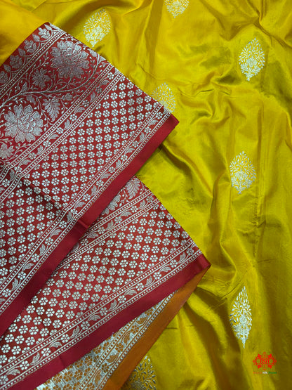 Pure Banarasi  Handloom Katan Silk Antique Zari Saree In Shades Of Yellow - Pure Kataan Silk - 