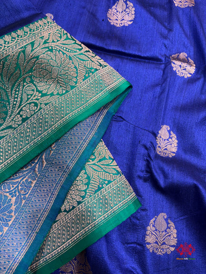 Blue Shade Pure Banarasi Tusser Moonga Silk Saree - Pure Kataan Silk - 