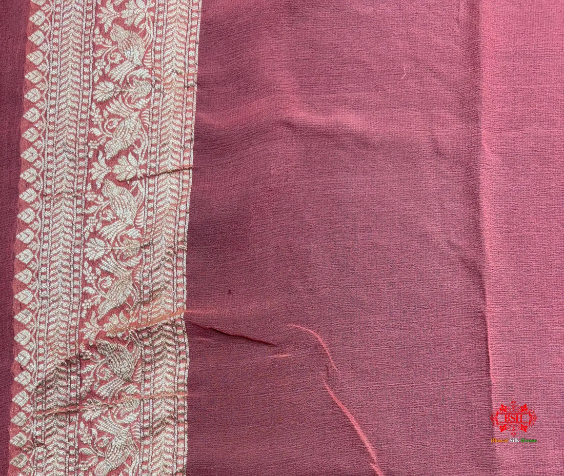 Shade Of Peach Pure Chiffon Metallic Zari Pure Banarasi Silk Saree - Chiffon Sarees -