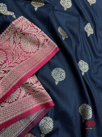 Black Shade Pure Banarasi Tusser Moonga Silk Saree - Pure Kataan Silk - 