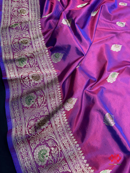Pure Banarasi  Handloom Katan Silk Antique Meena Zari Saree In Cross Shades Of Pink/Blue - Pure Kataan Silk - 