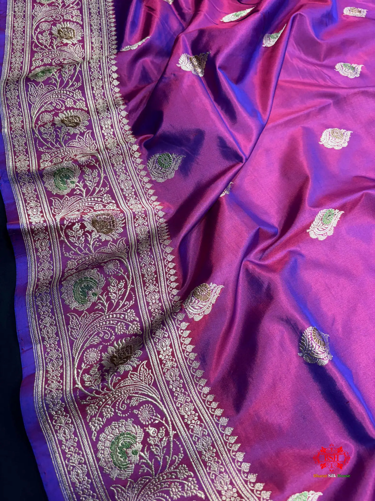 Pure Banarasi  Handloom Katan Silk Antique Meena Zari Saree In Cross Shades Of Pink/Blue - Pure Kataan Silk -