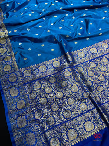 Pure Banarasi  Handloom Katan Silk  Antique Dual Zari Saree In Shades Of Blue - Pure Kataan Silk -