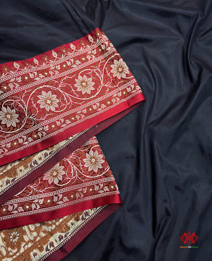 Pure Banarasi  Handloom Katan Silk Reshami Zari Saree In Shades Of Black With Red Border - Pure Kataan Silk -