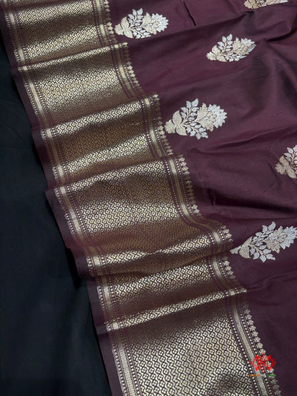 Pure Banarasi  Handloom Katan Silk  Antique Dual Zari Saree In Shades Of Garnet - Pure Kataan Silk - 