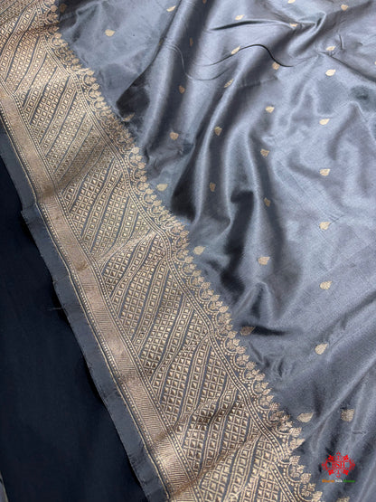 Pure Banarasi  Handloom Katan Silk Antique Zari Saree In Shades Of Grey - Pure Kataan Silk - 