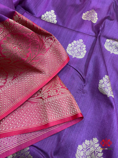 Blue Shade Pure Banarasi Tusser Moonga Silk Saree - Pure Kataan Silk -
