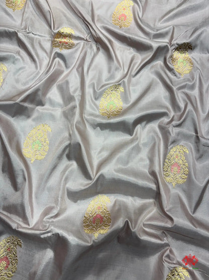 Pure Banarasi  Handloom Katan Silk Antique Zari Meenakari Saree In Shades Of Grey - Pure Kataan Silk -