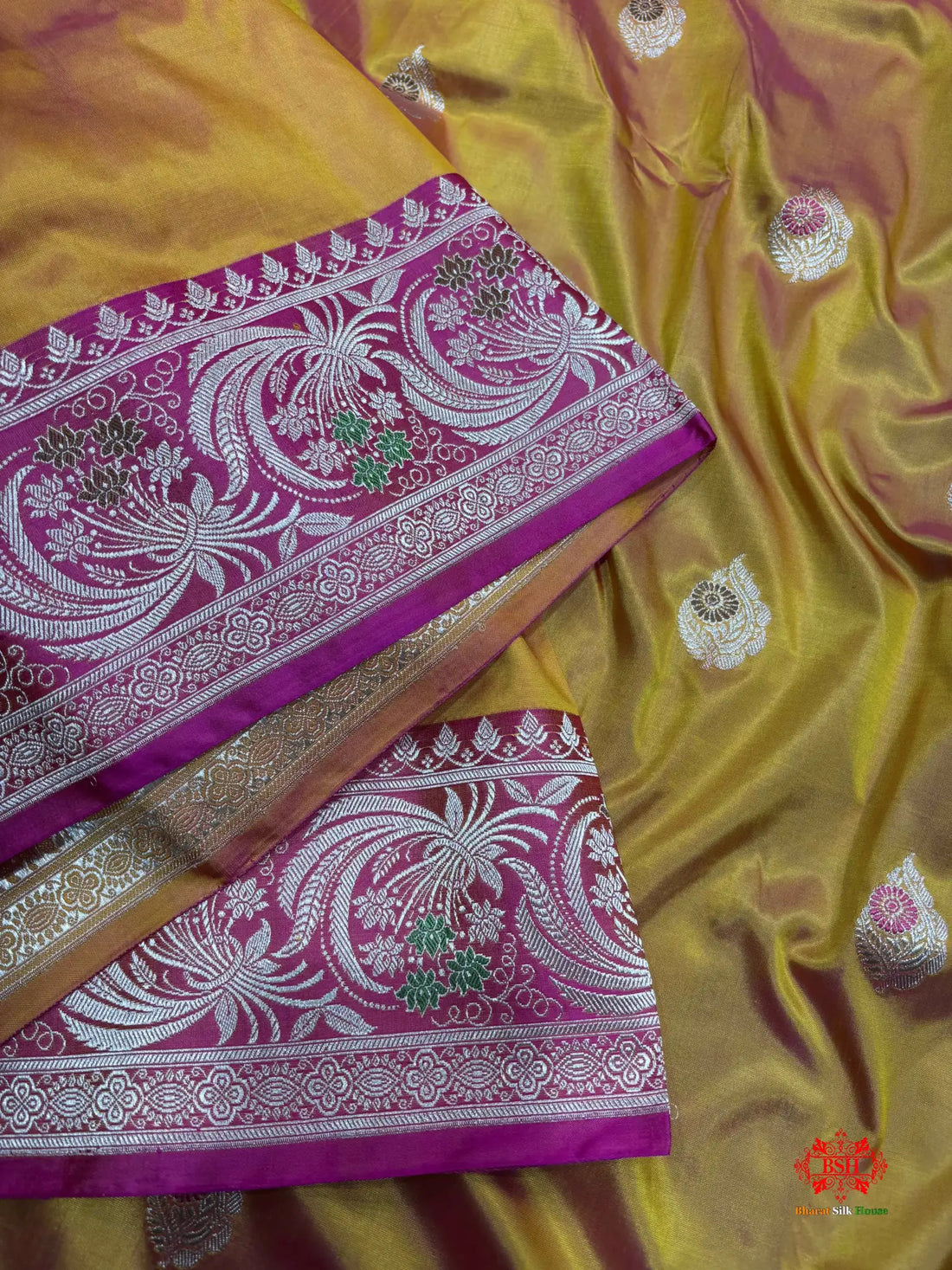 Pure Banarasi  Handloom Katan Silk Antique Meena Zari Saree In Cross Shades Of Yellow/Pink - Pure Kataan Silk -