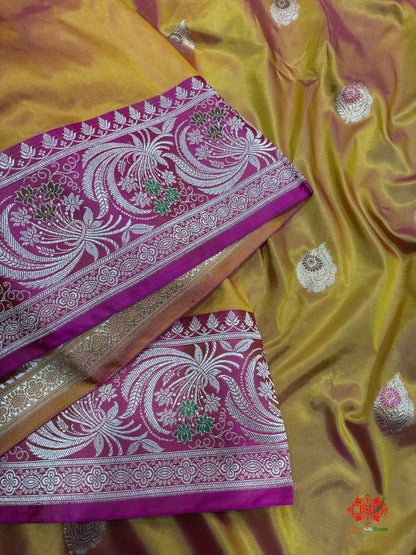 Pure Banarasi  Handloom Katan Silk Antique Meena Zari Saree In Cross Shades Of Yellow/Pink - Pure Kataan Silk -