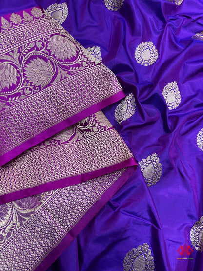 Pure Banarasi  Handloom Katan Silk  Antique Zari Saree In Shades Of Indigo Blue - Pure Kataan Silk - 