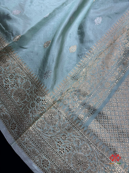 Pure Banarasi  Handloom Katan Silk  Antique Dual Zari Saree In Shades Of Sea Green - Pure Kataan Silk - 
