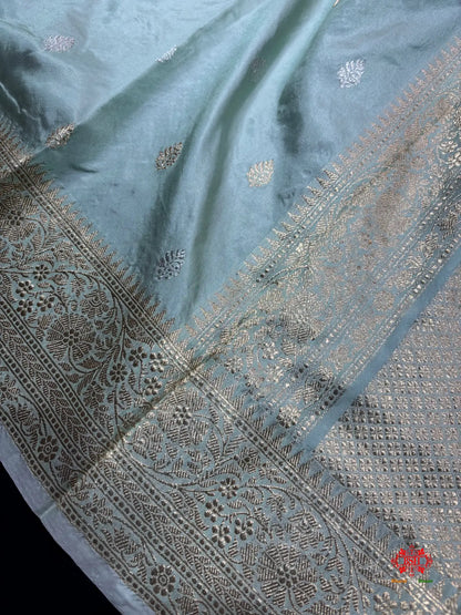 Pure Banarasi  Handloom Katan Silk  Antique Dual Zari Saree In Shades Of Sea Green - Pure Kataan Silk -