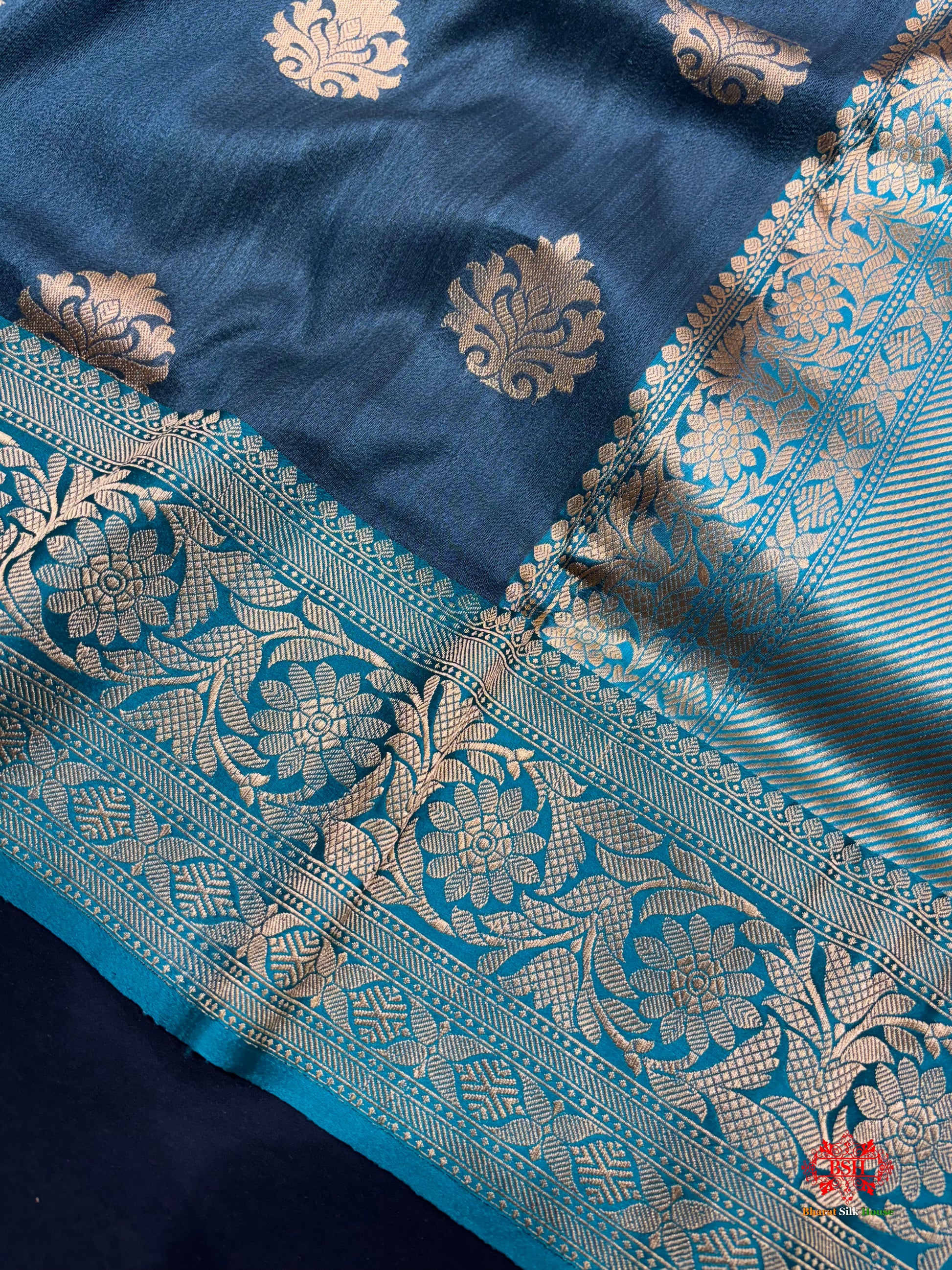 Blue Shade Pure Banarasi Tusser Moonga Silk Saree - Pure Kataan Silk - 